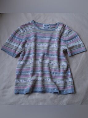 Alfred Dunner Pastel Stripe Beaded Knit Top Vintage Feminine Sweater LP‎